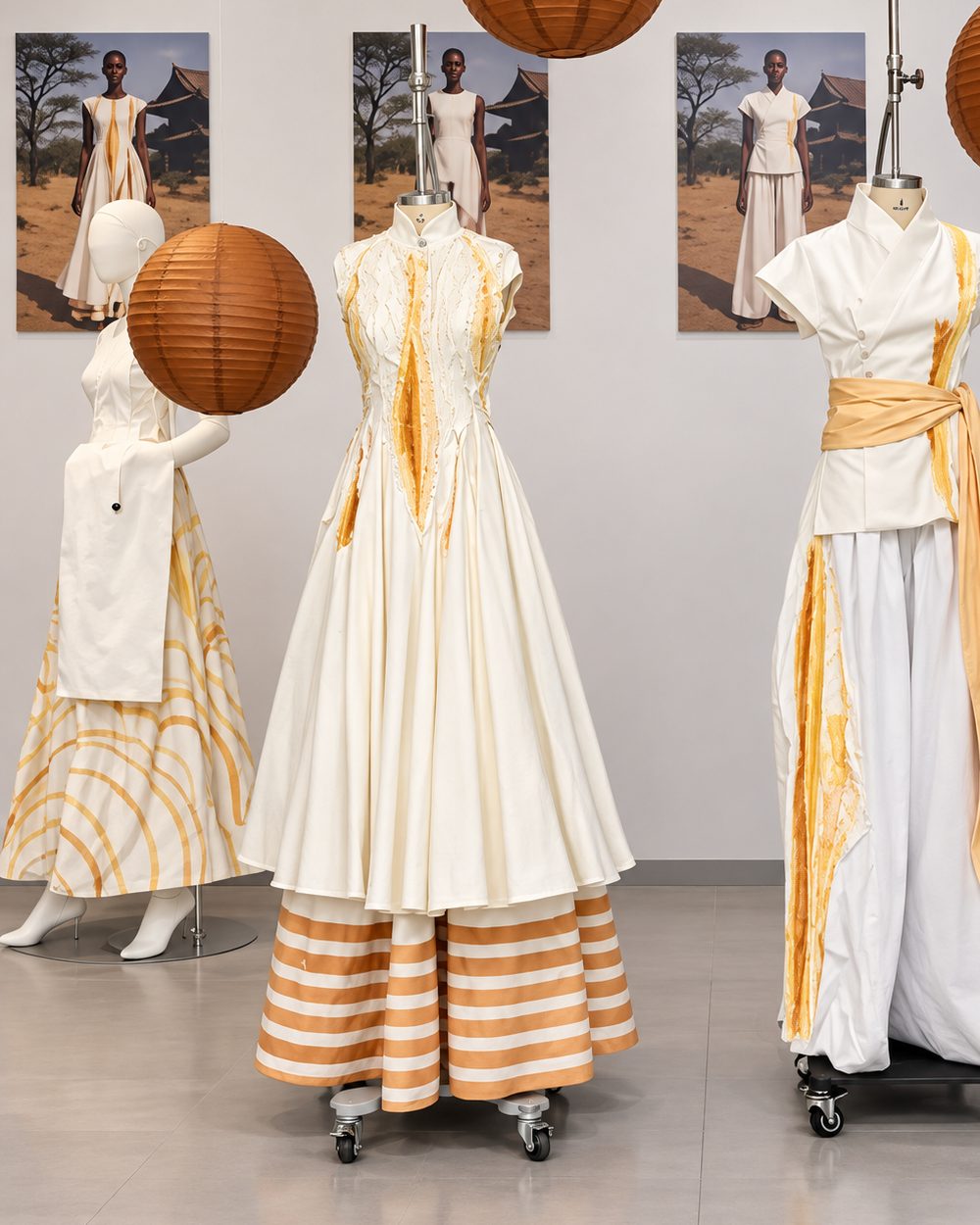 Three naturally dyed pieces on stands in the studio, in cream, gold and ochre.