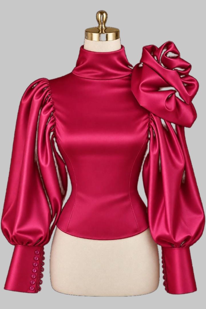 Fuchsia satin blouse, rosette shoulder
