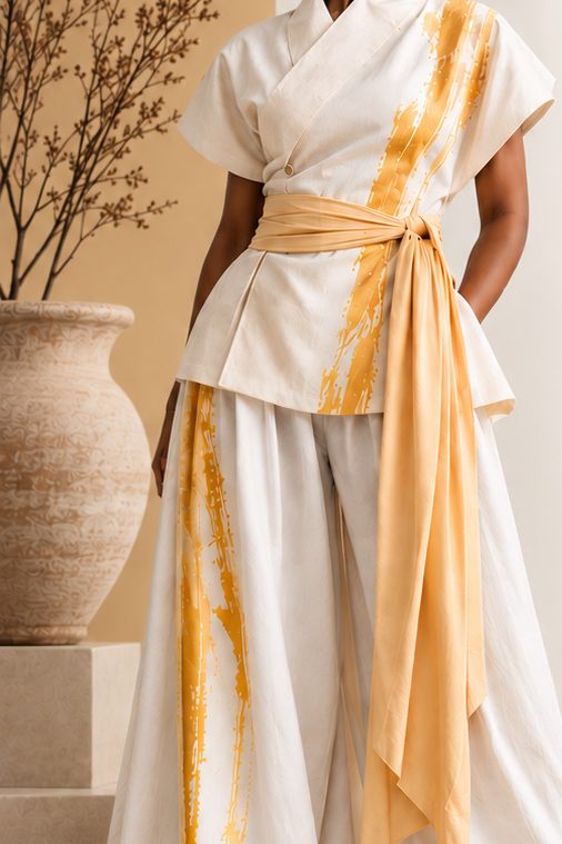A naturally dyed wrap top and wide trousers, hand-painted in gold on cream.